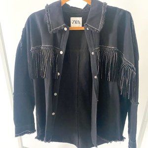 Zara Oversized Fringe Black Shirt Jacket